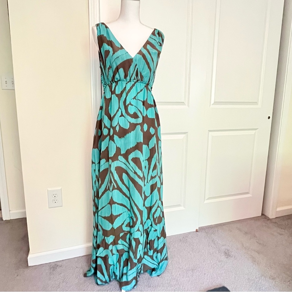 NWOT Banana Republic Aqua and Brown Silk Maxi Dress